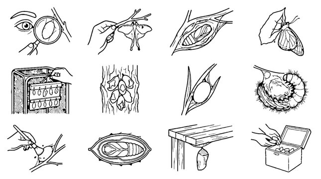Hand drawn sketches showing the life cycle and cultivation of silkworms and moths.