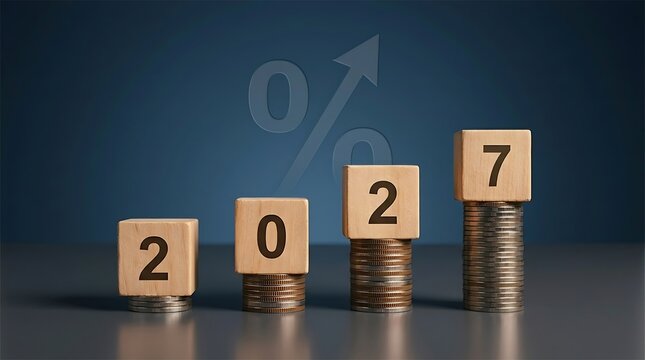 Wooden blocks with numbers and stacked coins showing growth