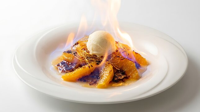 Flaming orange dessert with a scoop of vanilla ice cream on a white plate. Flambe Fruit Desserts