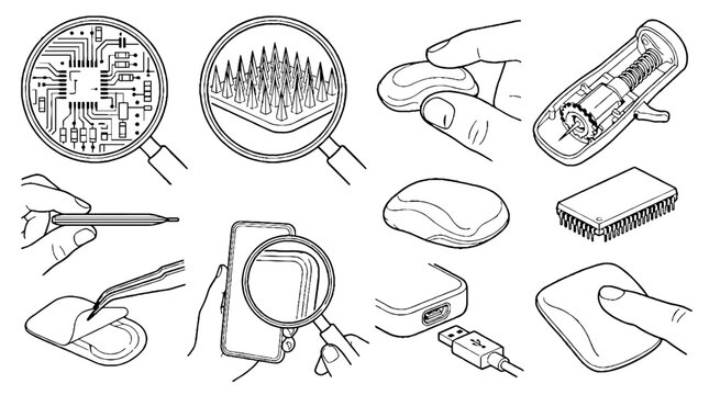 Technical line art illustrations of microneedle patch technology and electronic circuit inspection.