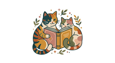 Obraz premium Cute Cats Reading Book Together, Cozy Illustration