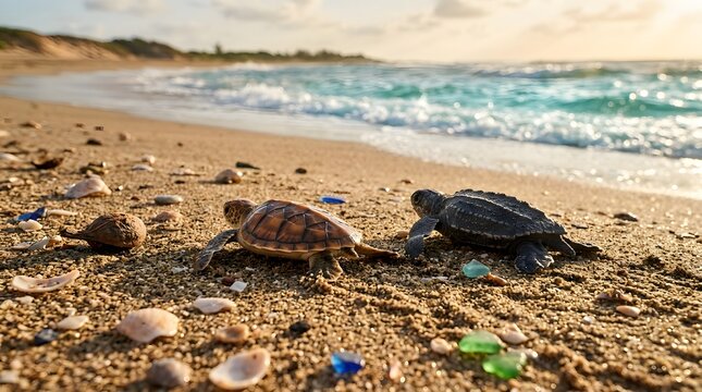 Two baby sea turtles crawling on a sandy beach towards the ocean at sunrise, with colorful sea glass scattered on the sand