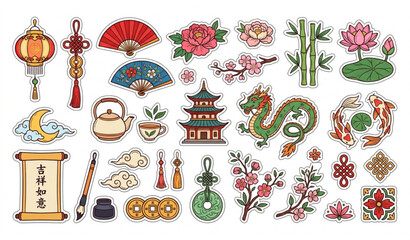 Cute Asian Traditional Doodle Icons with Chinese Cultural Elements Vector Illustration © MdHares