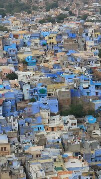 Panoramic view of the blue houses of Jodhpur, Rajasthan, India.