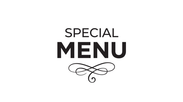 Special Menu with Decorative Swirls in Black Typography on White Background Featuring Elegant Design, Fine Dining, Minimalist with Clean