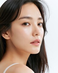 Fototapeta premium Portrait of a beautiful young Asian woman with glowing healthy skin, natural makeup look. Professional beauty photography for skincare, cosmetic branding, wellness advertising and fashion editorials