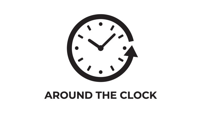 Clock Icon with Black Hands and Minute Marks, Showing a Specific Time Concept for Around the Clock Messaging