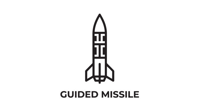 Missile Icon with Rocket Fins and Exhaust Flame Above the Words Guided Missile on Clean White Background