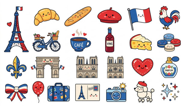 Cute France travel elements set with kawaii french culture icons