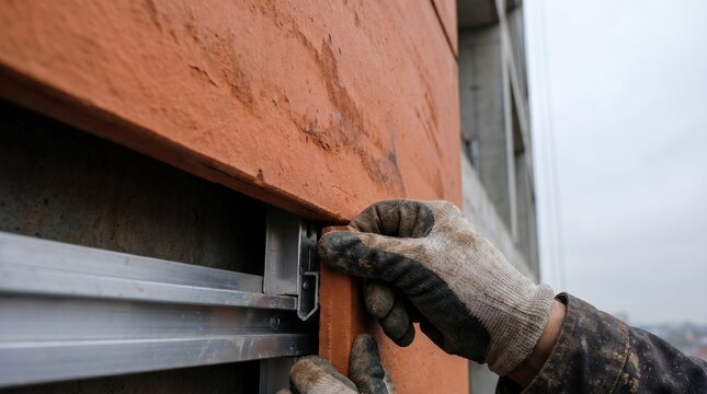 Close-up of a construction worker's gloved hands installing a terracotta-colored facade panel onto a building's exterior. Modern cladding system installation.
