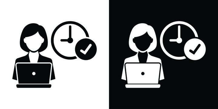 Businesswoman working on laptop with clock and checkmark. Concept of timely delivery, freelance efficiency, online task management vector icon.