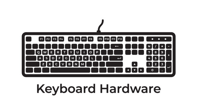 Keyboard Hardware Illustration with Labeled Keys and Text Below Featuring Qwerty, Computer, Input Device with Typing and Black and White Elements
