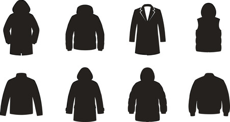 Minimalist black silhouettes of outerwear garments including parka, jacket, long coat, puffer vest, and bomber style designs © MstRozina