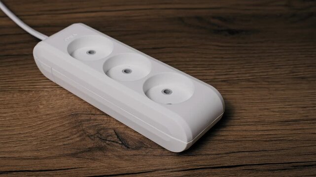 Hands disconnect a large white charger from a white triple outlet power strip on a wooden desk. Unplugging the device from the electricity source conserves energy and ensures safety.
