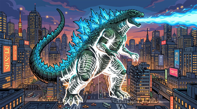 Futuristic Godzilla Kaiju Monster Over City Skyline at Night