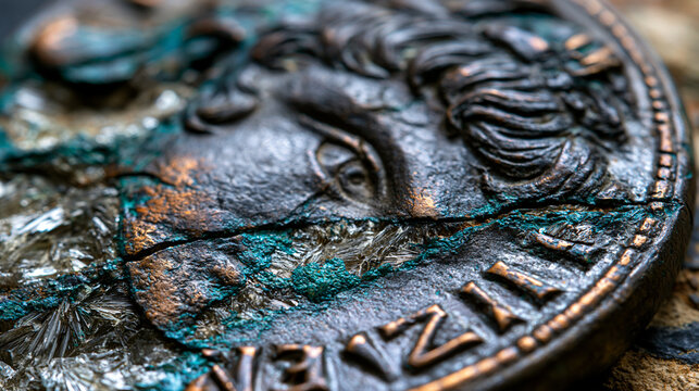 Ancient Roman bronze sestertius coin surface, engraved imperial portrait relief worn to high relief by centuries of circulation, crystalline verdigris patina filling letter incisions of Latin legend