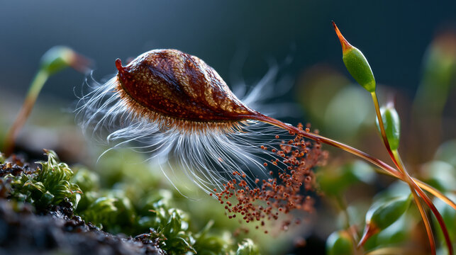 Bryophyte moss capsule with intact operculum and peristome teeth at dehiscence point, spore mass releasing from seta stalk in extreme macro, botanical reproduction cycle detail, bryology science edu