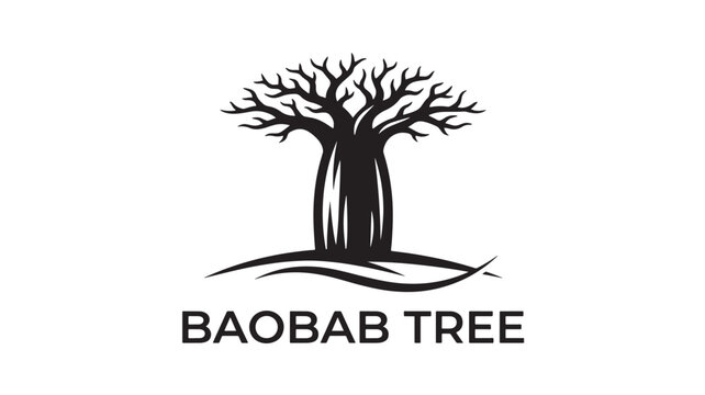 Baobab Tree Logo with Text and Minimalist Design Featuring Black and White, Nature, Illustration with Symbol and Roots Elements for Landscape, Africa