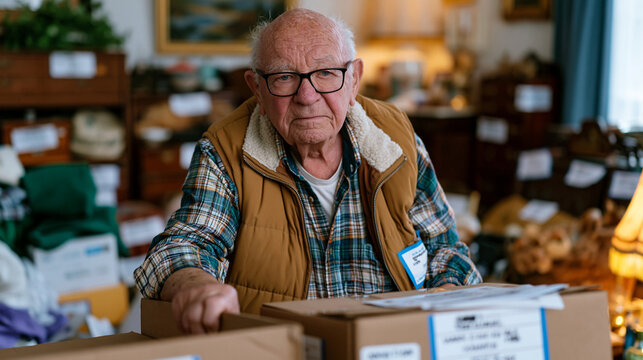 Elderly widower sorting through deceased spouse's belongings in family home preparing for estate sale, living room full of tagged antique furniture, quiet solitary grief, boxes labeled for donation,