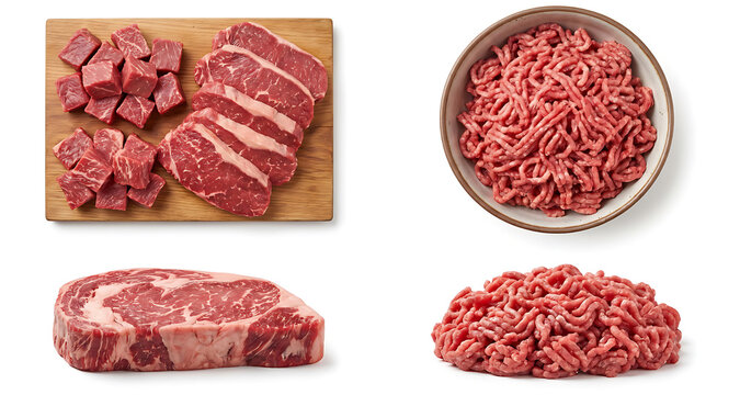 Set of fresh raw beef cuts including steak ribeye and ground beef isolated on white