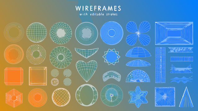 Collection of 3d wireframe shapes with editable strokes displayed against a gradient background geometry