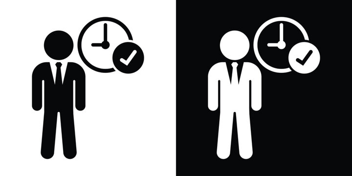 Minimal businessman silhouette vector with clock and checkmark icon. Ideal for corporate efficiency, identity, and time-tracking concepts.