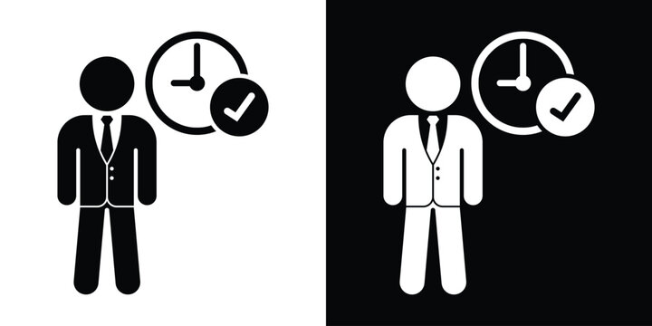 Minimal businessman silhouette vector with clock and checkmark icon. Ideal for corporate efficiency, identity, and time-tracking concepts.