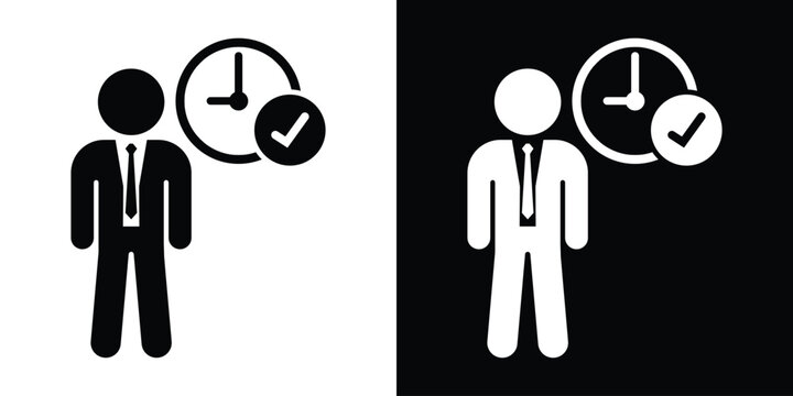 Minimal businessman silhouette vector with clock and checkmark icon. Ideal for corporate efficiency, identity, and time-tracking concepts.