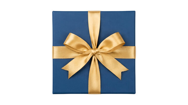 Elegant Navy Blue Gift Box with Golden Ribbon and Bow on Transparent Background Top View