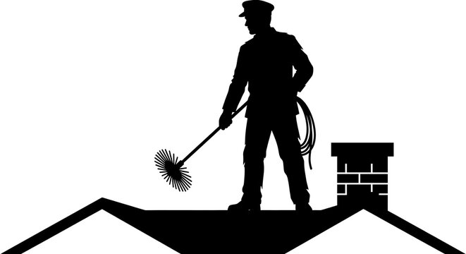 Silhouette of a chimney sweep standing on a rooftop near a chimney