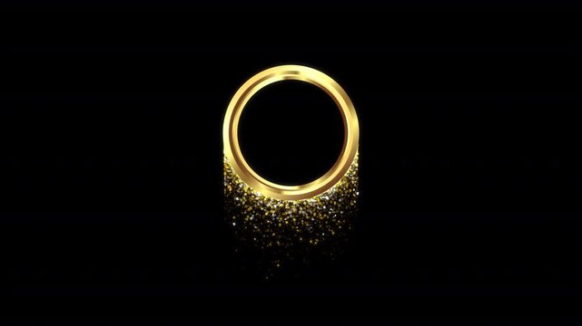 Golden circle border with shimmering particle dust at the bottom on transparent background.