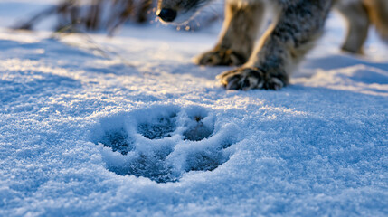 Obraz premium Fox canid paw print pressed into fresh powder snow, vulpes track pattern showing four digit oval pad impressions with claw tips, negative space track in crystalline snowpack, wildlife field sign, wi