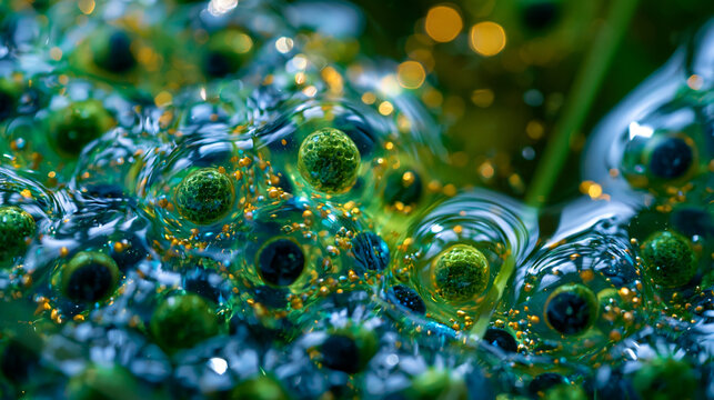 Frog spawn mass floating in freshwater pond, rana temporaria or bufo bufo gelatinous egg matrix macro, individual embryo visible within translucent jelly capsule at gastrulation stage, amphibian rep