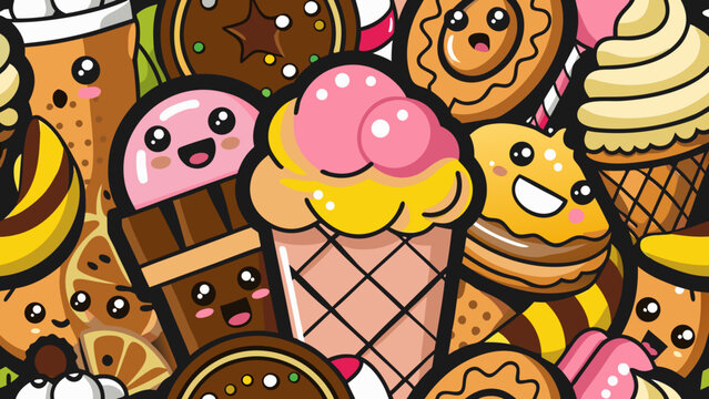 Kawaii Dessert Pattern A Colorful Vector Illustration Featuring Ice Cream Cookies And Beverages adorable