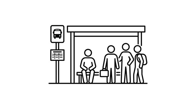 Group of people waiting at a public bus stop.