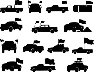 Pickup truck flag convoy parade front back top side view monster off road silhouettes vector set isolated © raccoontail