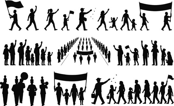 Parade march crowd banner flag marching band aerial view children walk celebrate confetti silhouettes vector set isolated