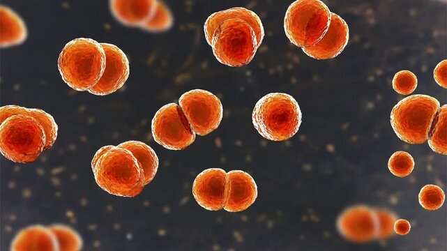 Streptococcus pneumoniae, 3D animation showing Gram-positive encapsulated diplococci, the causative agent of pneumococcal pneumonia, meningitis and septicaemia in humans.