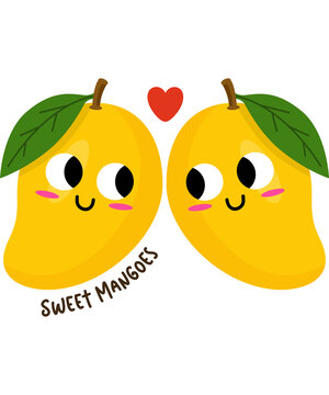 Cute mango couple in love with red heart, kawaii fruit best friends vector illustration sticker