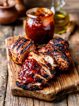 Grilled Barbecue Chicken with Spicy Sauce on Wooden Board. AI generative.