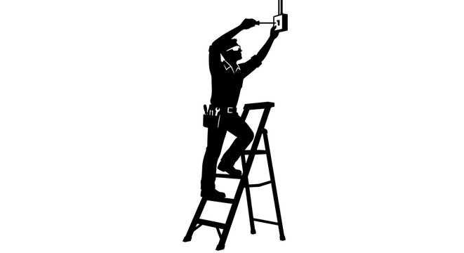 Electrician on ladder working on junction box silhouette