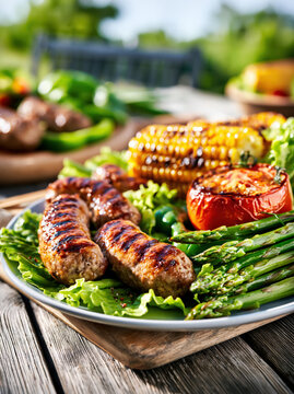Grilled Sausages with Corn and Vegetables. AI generative.