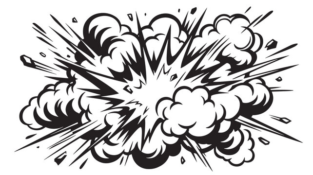 Explosion Burst Comic Icon with White Smoke Clouds and Black Stylized Energy Rays Background Featuring Impact, Blast, Dramatic with Vintage