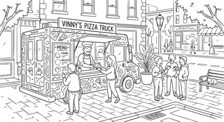Obraz premium People buying food at a street pizza truck with ordering restaurant customer business convenient
