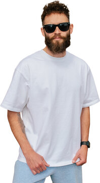 Blank white t shirt mockup on bearded man isolated on transparent background