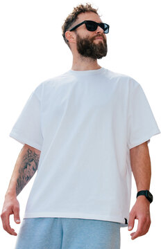 Blank white t shirt mockup on bearded man isolated on transparent background