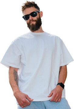 Blank white t shirt mockup on bearded man isolated on transparent background