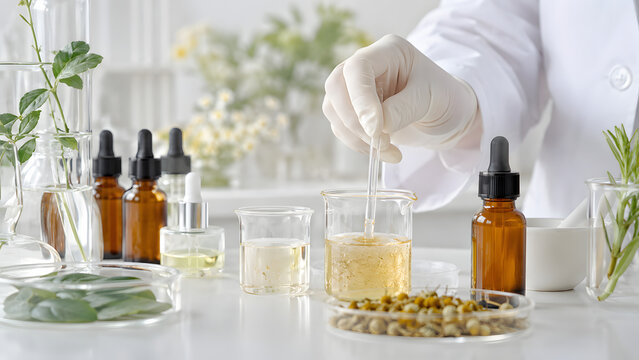 Cosmetic laboratory pipette mixing natural ingredient formulation
