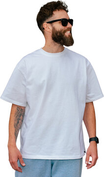 Blank white t shirt mockup on bearded man isolated on transparent background