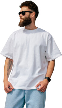 Blank white t shirt mockup on bearded man isolated on transparent background